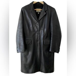 F & Co Black Leather Trench Coat | Long Genuine Leather Button Front | Size 42